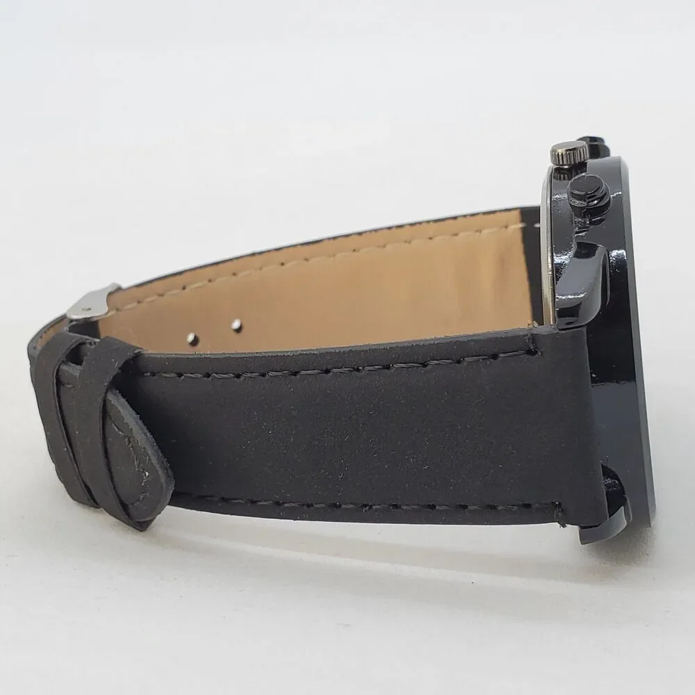 Men's Watch 42MM Black Dial Case Date Black Leather‎ Bands Analog Watch